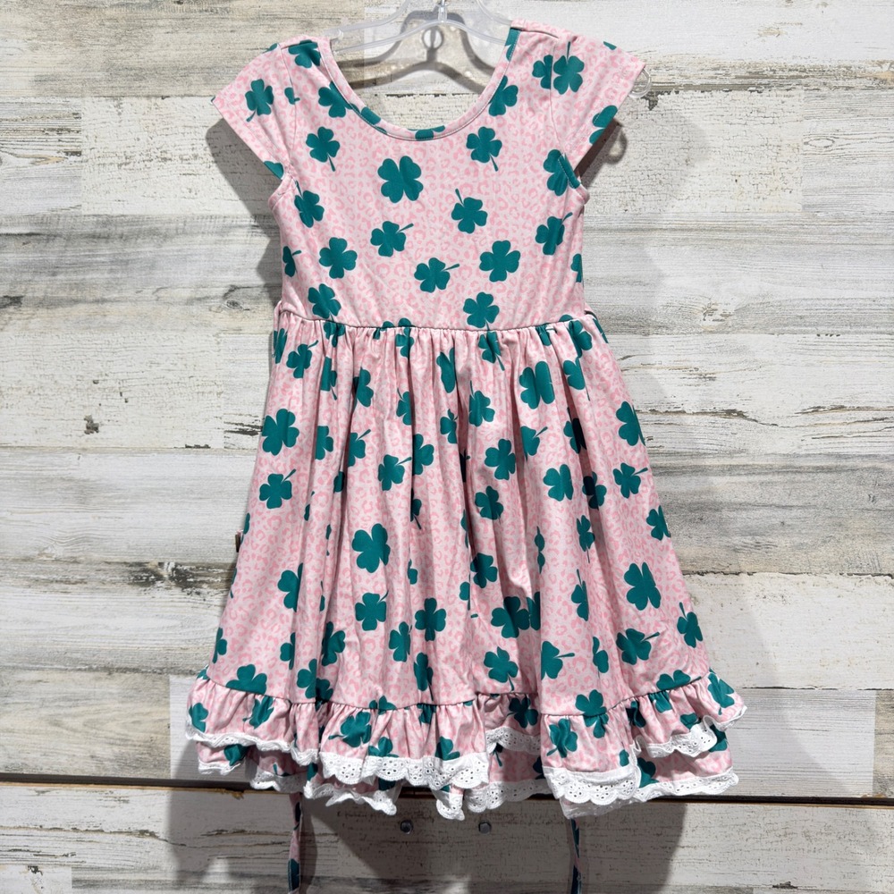 Cheeky Plum Dress Girls 6Y Pink Green Clover Leopard Ruffle St Patricks Day EUC